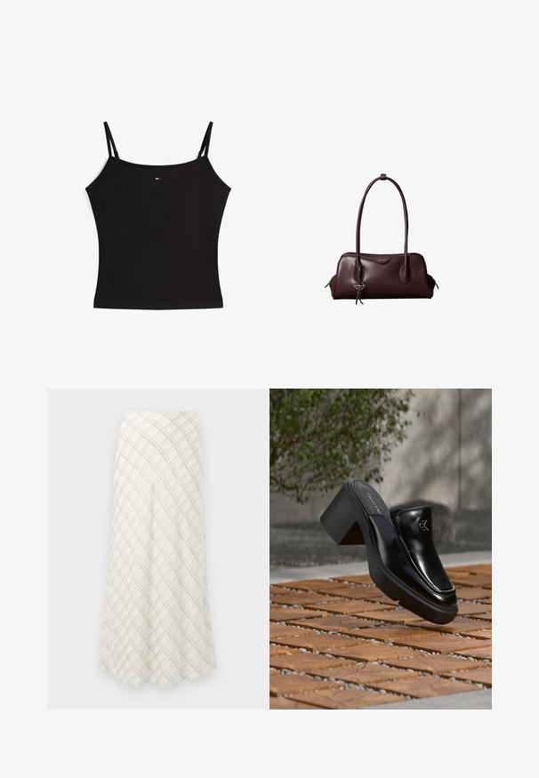 Débardeur noir à fines bretelles avec un petit logo rouge, blanc et bleu centré près du col.; Jupe longue de couleur crème avec un motif à carreaux diagonal gris. Design fluide avec une texture lisse, s'évasant vers l'ourlet.; Mule slip-on en cuir noir Calvin Klein avec talon bloc reposant sur des carreaux en bois à l'extérieur près d'une plante verte et d'un mur gris.; Sac à main en cuir brun foncé Calvin Klein avec de longues poignées doubles et un petit porte-clé logo suspendu à une poignée.