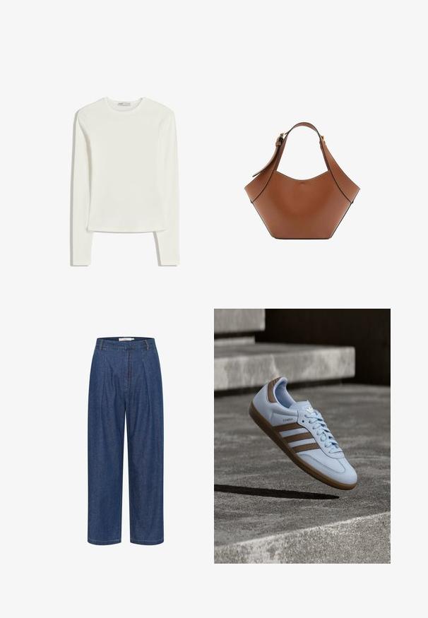 Hvid langærmet top lavet af blødt, glat stof. Har rund halsudskæring og slim fit med minimale syninger.; Blå denimbukser med høj talje og vide ben, forrest med læg, bæltestropper og skjult lynlåslukning.; Lyseblå sneakers med brune ruskindsdetaljer, tre laterale striber, flade snørebånd og en tekstureret gummisål. Mærkelogo på tungen.; Brun læderhåndtaske med bred buet form, enkelt justerbart bånd og syede kanter på hvid baggrund.