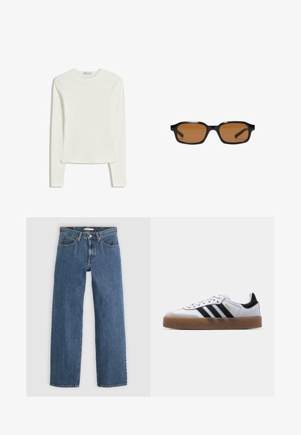 Hvid langærmet top lavet af blødt, glat stof. Har rund halsudskæring og slim fit med minimale syninger.; Blå denim jeans med lige pasform, der har fem lommer, knaplukning og kontrastsyninger langs sømmene.; Hvide lædersneakers med sorte striber, gummirubber sål, rund tå, snørelukning og blød grå ruskinds tåhætte.; Sorte rektangulære solbriller med tykke stel og brune tonede linser, vist forfra på en hvid baggrund.