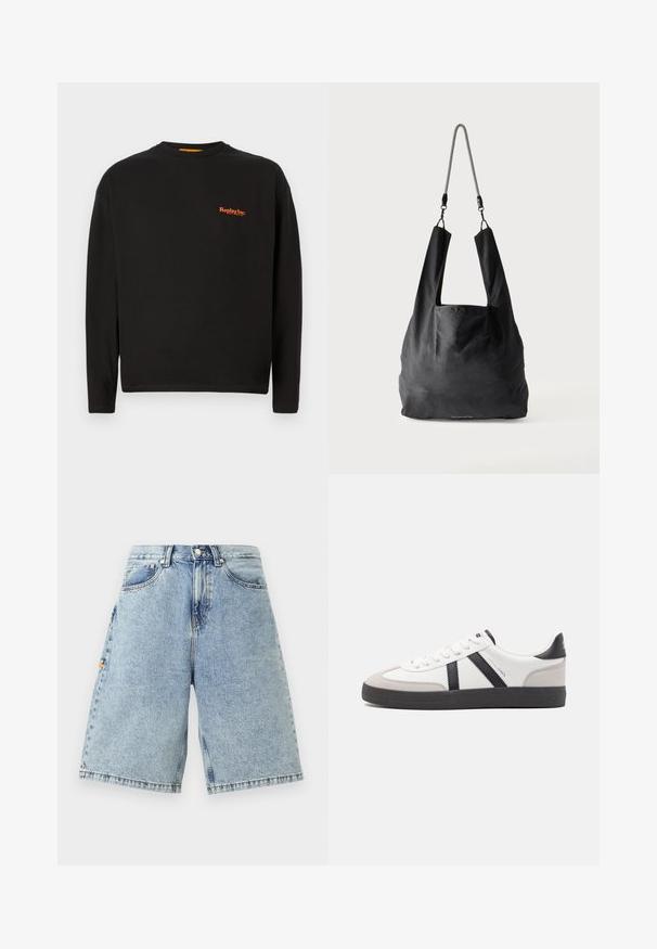Sort langærmet t-shirt lavet af bomuld, der har et lille orange "Replay Inc." logo på brystet, med rund halsudskæring og almindelig pasform.; Blå denim shorts med høj talje, løs pasform, fem lommer og synlige sy-detaljer. Glat tekstur med en lys vaskefinish.; Hvide sneakers med sorte og grå detaljer, med en tekstureret grå tåhætte, sort gummisål og flade hvide snørebånd. Rent design, minimalistisk stil.; Sort blød stofnettaske med brede håndtag og en tynd sort-hvid flettet skulderrem.