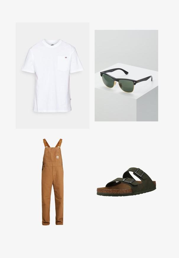 Camiseta de algodón blanca con cuello redondo, mangas cortas y un bolsillo en el pecho que presenta un pequeño logotipo de la marca en el lado izquierdo.; Carhartt WIP BIB OVERALL DEARBORN CANVAS - Peto - hamilton brown rinsed; Sandalias verdes tipo slip-on con dos correas ajustables, una plantilla de corcho y suela de goma. Presentan hebillas plateadas y un material superior texturizado.; Gafas de sol Ray-Ban con lentes verdes, montura de plástico negro y acentos dorados en los bordes. Forma cuadrada con acabado mate.