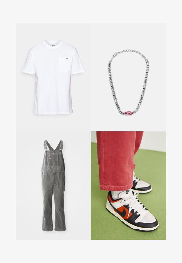 Camiseta de algodón blanca con cuello redondo, mangas cortas y un bolsillo en el pecho que presenta un pequeño logotipo de la marca en el lado izquierdo.; Pantalones de mezclilla gris con tirantes ajustables, bolsillo en el pecho delantero, bolsillos laterales y piernas acampanadas. Tela resistente y corte relajado para mayor comodidad.; Zapatillas Nike Dunk con paneles de cuero blanco, negro y naranja, que cuentan con una parte superior texturizada y cordones redondos, combinadas con pantalones de pana rojos.; Diesel NECKLACE - Collar - silver coloured