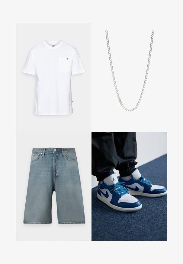 Weißes Baumwoll-T-Shirt mit Rundhalsausschnitt, kurzen Ärmeln und einer Brusttasche, die auf der linken Seite ein kleines Markenlogo aufweist.; Helleblaue Denim-Shorts mit lockerer Passform, fünf Taschen und traditionellem Knopfverschluss, mit verblassten Stellen für ein abgetragenes Aussehen.; Die Nike Air Jordan Sneakers verfügen über eine weiße Lederbasis mit blauen synthetischen Akzenten, einer perforierten Zehenbox und blauen Schnürsenkeln.; Silberne Kettenhalskette mit ineinandergreifenden Gliedern, glatter Textur und einheitlicher rechteckiger Form. Sicherer Verschluss.