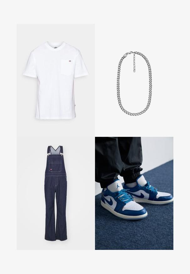 Biely bavlnený tričko s okrúhlym výstrihom, krátkymi rukávmi a vreckom na hrudi s malým logom značky na ľavej strane.; Dickies CLASSIC - Džínsy s rovným strihom - rinsed; Nike Air Jordan tenisky majú bielu koženú základňu s modrými syntetickými akcentmi, perforovanou špičkou a modrými šnúrkami.; Náhrdelník so striebornou curb reťazou s karabínovým zapínaním a nastaviteľnou predlžovacou retiazkou na bielom pozadí.