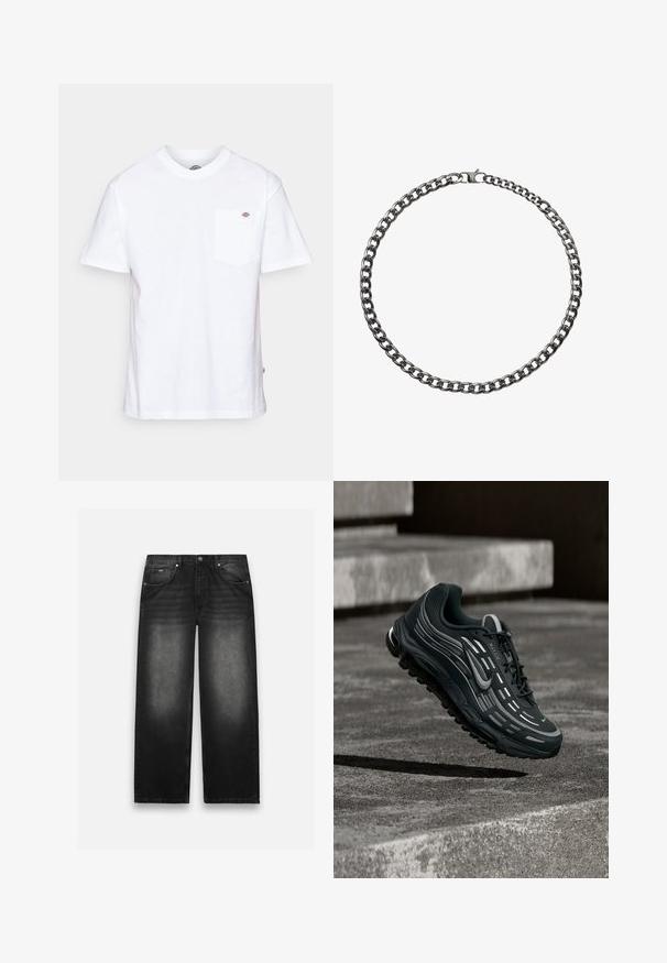 Witte katoenen t-shirt met een ronde hals, korte mouwen en een borstzak met een klein merklogo aan de linkerkant.; Zwarte denim jeans met een wijde pijp. Beschikt over vijf zakken, lichte vervaging en stevige stiksels. Met knoop- en ritssluiting.; Zwarte en grijze Nike Air Max sneaker zwevend boven grijze betonnen trappen met een gestructureerde achtergrond van de grond.; Breil Ketting - gun