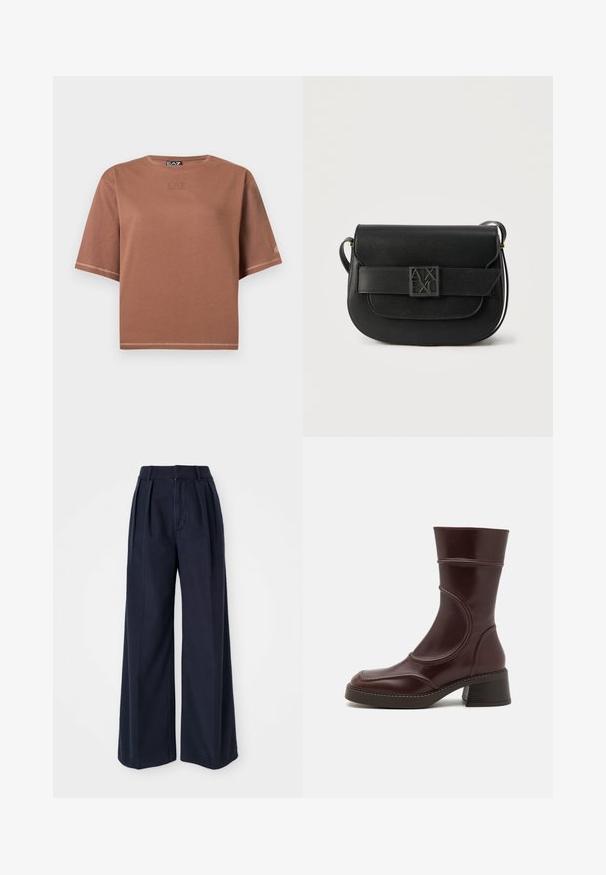 Hnedé krátke tričko s krátkym rukávom a okrúhlym výstrihom, jemne potlačené logom EA7 Emporio Armani na hrudi a rukáve, jednoduchý dizajn.; Tmavomodré široké nohavice zo 100% bavlny, s záhybmi vpredu, vysokým pásom a zipsom s gombíkovým zapínaním.; MIISTA MALENE - Klasické členkové čižmy - brown; Čierna kožená taška cez rameno s klopou na zapínanie a vyrazeným logom Armani Exchange na prednej pracke, minimalistický dizajn.