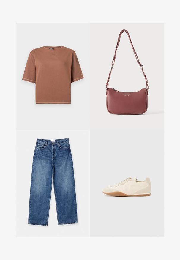 Hnedé krátke tričko s krátkym rukávom a okrúhlym výstrihom, jemne potlačené logom EA7 Emporio Armani na hrudi a rukáve, jednoduchý dizajn.; Svetlomodré rifľové nohavice s širokými nohavicami, vyrobené z denimovej tkaniny, s klasickým dizajnom piatich vreciek, viditeľným prešívaním a stredne vysokým pásom.; Svetlobéžové tenisky s textúrovaným koženým zvrškom, textúrovanými bočnými panelmi a gumovou podrážkou. Majú štíhly, prúžkovaný dizajn a ploché šnúrky.; Malá textúrovaná fialová kožená kabelka cez rameno s nastaviteľným popruhom a strieborným zipsom, s logom Emporio Armani Milano 1981 na prednej strane.