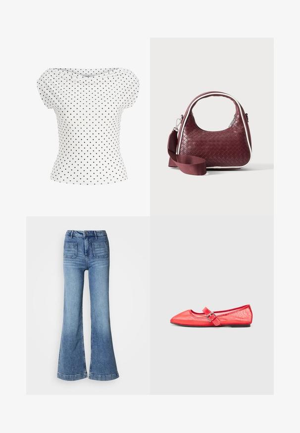 Hvid kortærmet bluse med bådudskæring og sort polkaprikket mønster, figursyet ved taljen.; Højtaljede flagrende jeans i lyseblå denim med to baglommer, rå kant og subtil forvitring på lårerne. Klassisk fem-lommer design.; Røde spidse balletflader med en blank finish, der har en rem med en sølvspænde detalje og en flad sort sål.; Mørkerød vævet lædertaske med buet hank, hvid kant, sølv lynlås og aftagelig bred stofskulderrem mod en ensfarvet baggrund.
