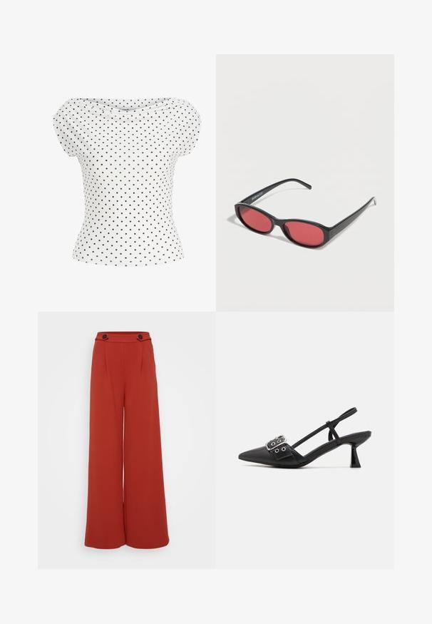 Blouse blanche à manches courtes avec encolure bateau et motif à pois noirs, cintrée à la taille.; Pantalon large taille haute couleur rouille avec deux boutons foncés à la taille sur fond blanc.; Simmi London DALA - Escarpins - black; Lunettes de soleil ovales noires avec des branches fines et des verres teintés rouges posées sur une surface blanche.