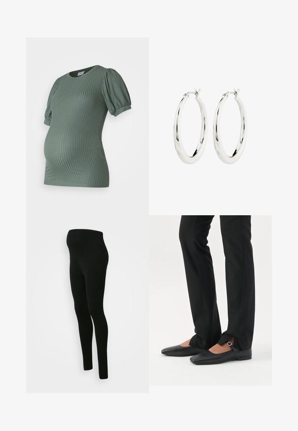 MAMALICIOUS Maternity- - Camiseta básica - laurel wreath; Leggings de maternidad negros con una cinturilla alta y de soporte, textura suave, diseño ajustado y sin patrones ni adornos visibles.; Piernas con pantalones ajustados negros con aberturas frontales en el dobladillo, combinados con zapatos planos Mary Jane negros con una pequeña correa con hebilla.; Pendientes de aro de plata con un acabado suave y brillante. Forma circular, con un cierre seguro. Diseño sencillo y elegante.