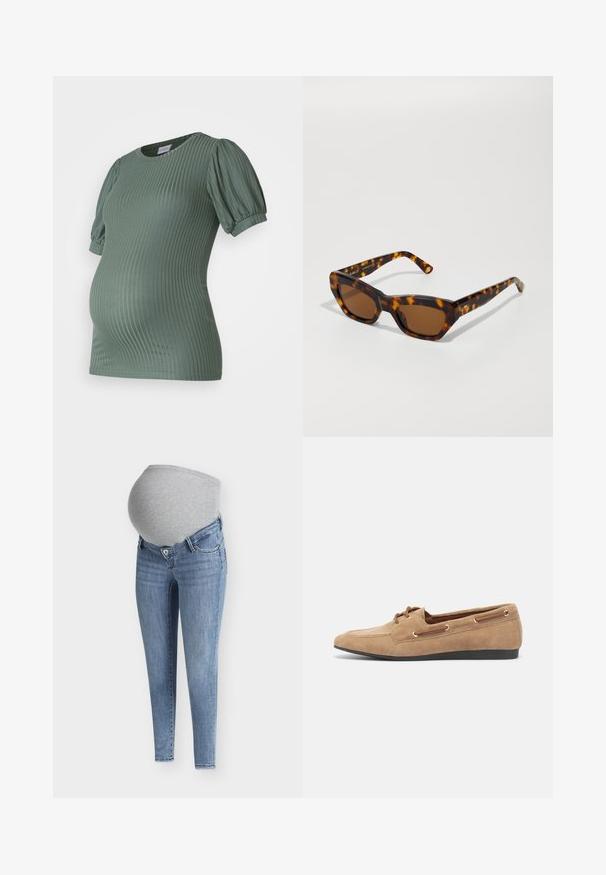 MAMALICIOUS Maternity- - Βασικό μπλουζάκι - laurel wreath; Τζιν εγκυμοσύνης με γκρι ύφασμα jersey στην κοιλιά, μπλε denim ύφασμα, στενή εφαρμογή και κλείσιμο με κουμπιά στο μπροστινό μέρος με τσέπες.; Σουέντ σκαφάκι σε ανοιχτό καφέ χρώμα με στρογγυλή μύτη, σχέδιο με κορδόνια, χρυσά ανοίγματα και μαύρη καουτσούκ σόλα. Μαλακή υφή, χαλαρός στυλ.; Γυαλιά ηλίου καμπίνας με ορθογώνιο σκελετό, καφέ φακούς και υφασμάτινα χερούλια. Περιλαμβάνει το λογότυπο της μάρκας χαραγμένο στο χερούλι.