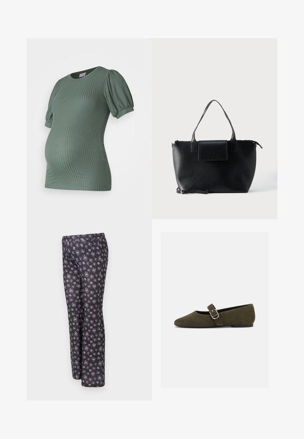 MAMALICIOUS Maternity- - Βασικό μπλουζάκι - laurel wreath; Μαύρο παντελόνι με floral σχέδιο που διαθέτει μικρά λευκά και μωβ λουλούδια. Φτιαγμένο από υφασμάτινη επιφάνεια με κίνηση, σχεδιασμένο με κοπή ίσιας γραμμής.; Πλατφόρμα Mary Jane από σουέτ ελιάς με ασημένια αγκράφα και στρογγυλεμένη μύτη, παρουσιασμένη σε λευκό φόντο.; Μαύρη δερμάτινη τσάντα tote με δύο λαβές, αποσπώμενο ιμάντα, κλείσιμο με μαγνητικό καπάκι και λεία υφή. Πάνω φερμουάρ και διακοσμητική ραφή.
