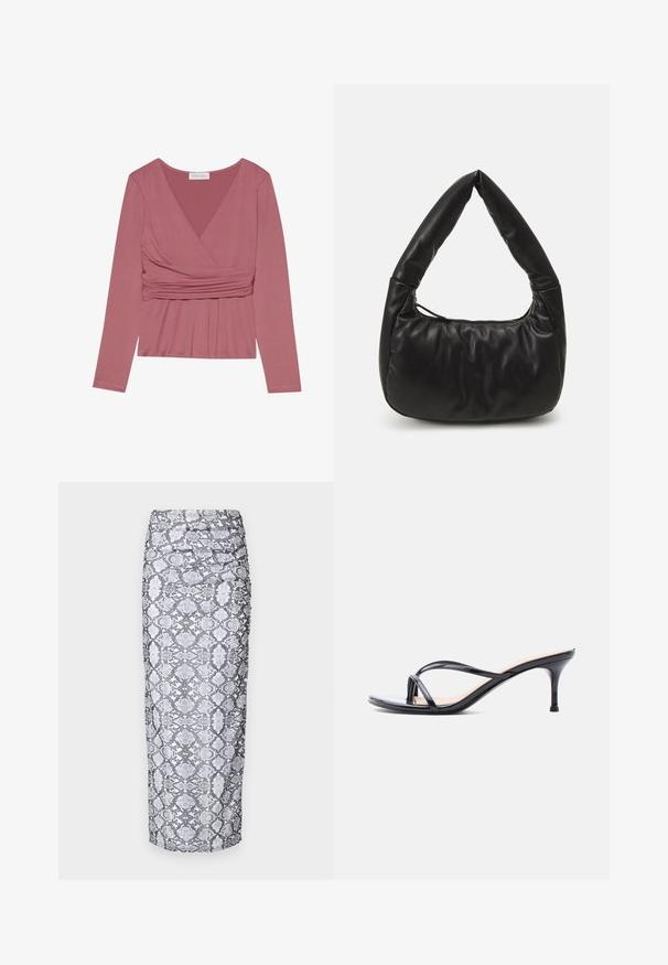 Langærmet top i støvet rose, med en indpakningsdesign, samlet materiale ved taljen og v-halsudskæring. Blød tekstur med minimale sømme.; Python print midi nederdel i sort og hvid, med en tætsiddende silhuet og rynket tekstur langs siderne. Glat stoffinish.; Sort laklædersandal med hæl, tynde krydsede remme og en slank mellemhøj stilethæl på en hvid baggrund.; Sort læder skuldertaske med en afslappet design, der har et karakteristisk knyttet håndtag og en lynlåslukning. Glat tekstur overalt.