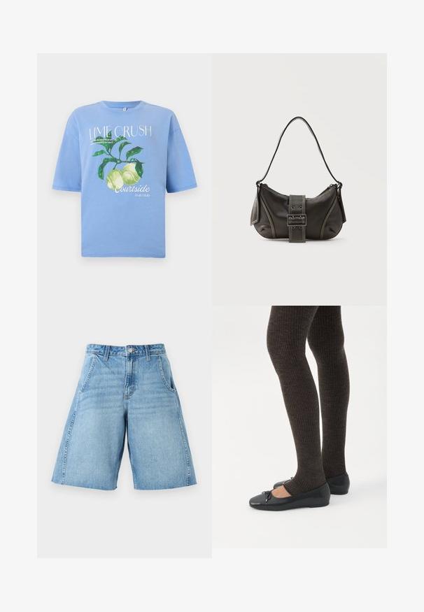 T-shirt bleu clair avec des citrons verts et des feuilles, et du texte blanc : « Lime Crush », « Courtside fruit club », avec une impression plus petite sous le titre principal.; Short en jean bleu clair avec poches avant, passants de ceinture et fermeture par bouton, présenté sur fond blanc.; Jambes portant des leggings côtelés foncés associés à des ballerines noires avec de petits détails en nœud sur fond blanc.; Sac à épaule en cuir noir avec une sangle à boucle, des bords arrondis et des coutures blanches contrastées sur un fond uni.
