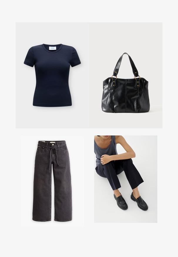 Camiseta ajustada de manga corta acanalada azul marino con cuello redondo y etiqueta de la marca en el interior del cuello.; Pantalones de mezclilla de pierna ancha negra, con cintura ajustable por cordón, cinco bolsillos y detalles de costura en contraste. Diseño frontal plano.; Mocasines de cuero negro con detalles texturizados, tacón bajo, puntera redonda y costuras visibles. Modelo vistiendo pantalones oscuros y una blusa gris.; Bolso de cuero negro para el hombro con doble asa unida por anillas y remaches dorados, superficie lisa y ligeramente brillante, diseño sencillo.