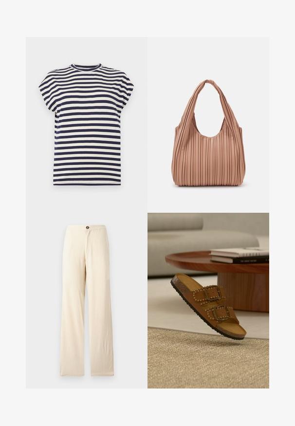 T-shirt à manches courtes avec col rond, rayures horizontales bleu marine et blanches, vue à plat sur un fond blanc.; Pantalons beige à jambes larges en tissu léger. Présentent une fermeture à boutons à l'avant et des ourlets droits. Texture lisse avec des coutures minimales.; Sandale marron avec deux brides à boucle et détails cloutés flottant au-dessus d'un tapis beige près d'une table ronde en bois avec des livres empilés.; Sac à main plissé rose clair avec une ouverture arrondie et deux poignées allongées, fabriqué dans un matériau souple et texturé, améliorant son design flexible.