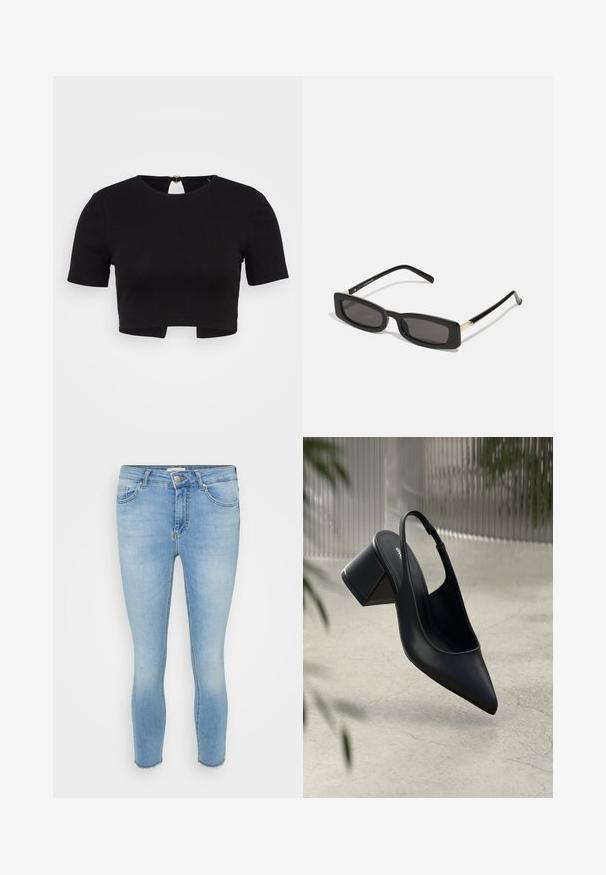 ONLY Petite ONLRENE OPEN BACK HEART - Tričko s potlačou - black; Svetlomodré úzke džínsy vyrobené z denimu. Majú štandardný pás s gombíkovým zapínaním a rozstrapkané lemovanie na členkoch. Obsahujú aj poškodené detaily.; Čierne kožené sandále na podpätku so špicatou špičkou a blokovým podpätkom. Hladká textura, minimalistický dizajn a nastaviteľný remienok okolo členka.; Čierne obdĺžnikové slnečné okuliare s tmavými šošovkami, lesklými plastovými rámami a zlatými akcentmi na spánkoch. Minimalistický dizajn a štíhly tvar.