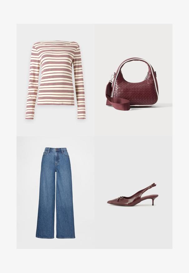 Langærmet top i creme med maroon vandrette striber; bådudskæring; blødt stof; tætsiddende design med let stræk.; Vidbenede jeans i mediumblåt denim, med høj talje, bæltestropper og knaplukning. Glat tekstur med få syningsdetaljer.; Bordeaux læder slingback hæl med spidse tå, justerbar rem og dekorativ sløjfedetalje foran. 7,5 cm hælhøjde.; Mørkerød vævet lædertaske med buet hank, hvid kant, sølv lynlås og aftagelig bred stofskulderrem mod en ensfarvet baggrund.