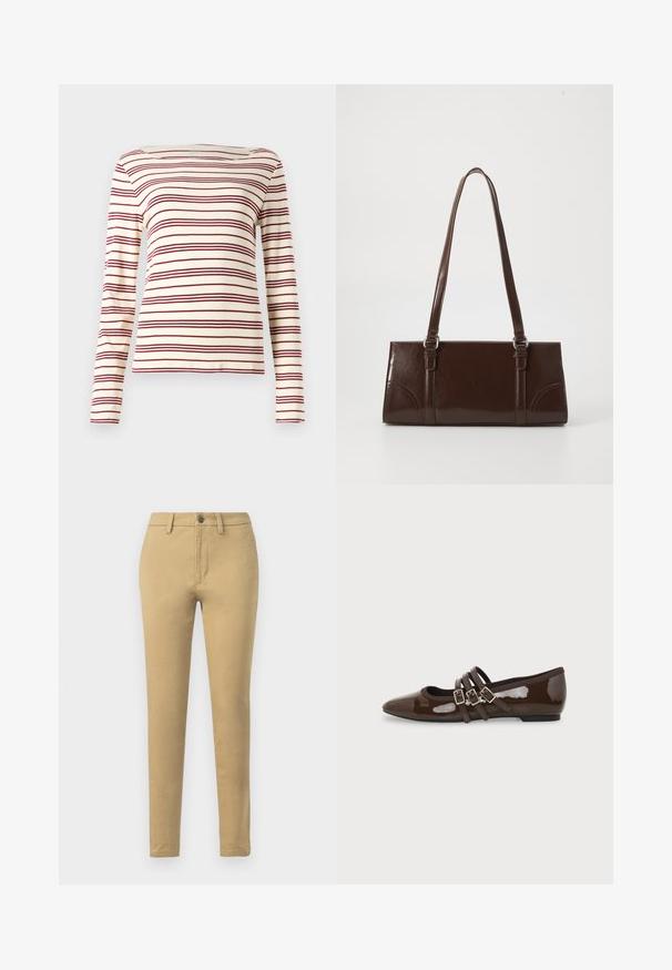 Haut à manches longues en crème avec des rayures horizontales bordeaux ; encolure bateau ; tissu doux ; design ajusté avec un léger stretch.; Chinos kaki en tissu en mélange de coton, à coupe slim, avec passants de ceinture, poches avant et fermeture à un bouton.; Chaussure plate en cuir verni marron avec bout pointu et trois brides ajustables à boucle sur le côté, vue du profil extérieur.; Sac à main en cuir verni marron de forme rectangulaire, avec deux longues poignées et des accents courbés subtils à l'avant.