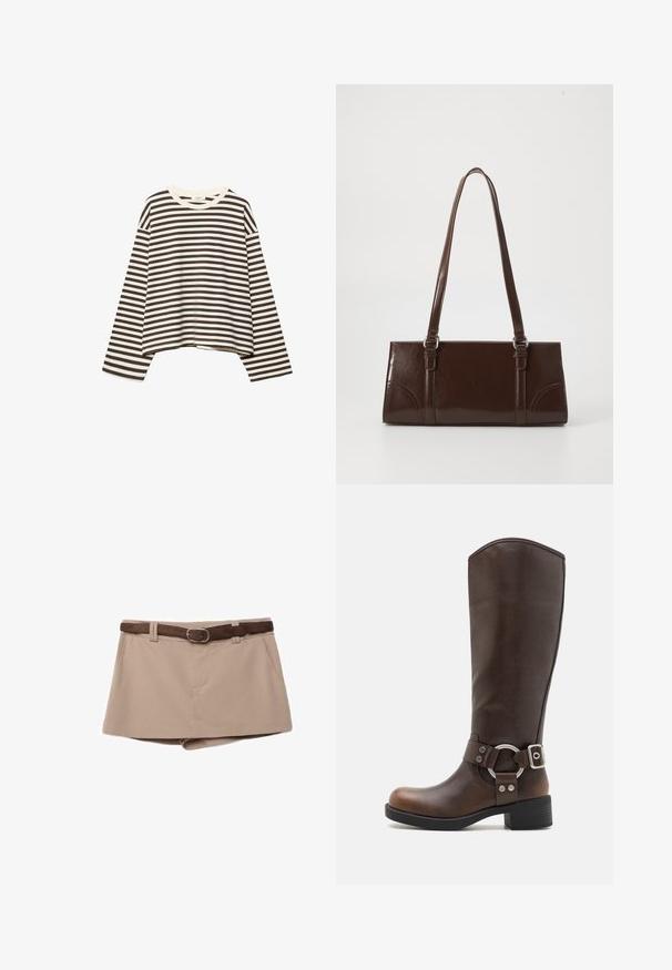 Chemise courte à manches longues avec des rayures horizontales noires et blanches et un col rond, présentée sur un fond blanc.; Mini-jupe beige taille haute avec poches latérales et ceinture en daim marron avec boucle ovale argentée.; Botte en cuir marron hauteur genou avec un accent en métal rond et une boucle. Tige légèrement texturée, talon empilé et design à bout rond.; Sac à main en cuir verni marron de forme rectangulaire, avec deux longues poignées et des accents courbés subtils à l'avant.