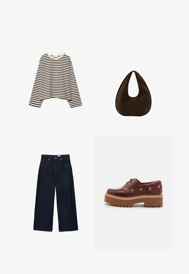Langærmet cropped skjorte med sorte og hvide horisontale striber og rund halsudskæring, vist på en hvid baggrund.; Bredbenede mørk denimjeans med høj talje, der har fem lommer, kontrastsyninger og lukning med knap foran.; Brune læder bådsko med en kraftig brun gummisål, gyldne snørehuller og kontraststing. Har et logo på siden.; Mørkebrun ruskind skuldertaske formet som en halvmåne med en bred rem og glat tekstur på en hvid baggrund.