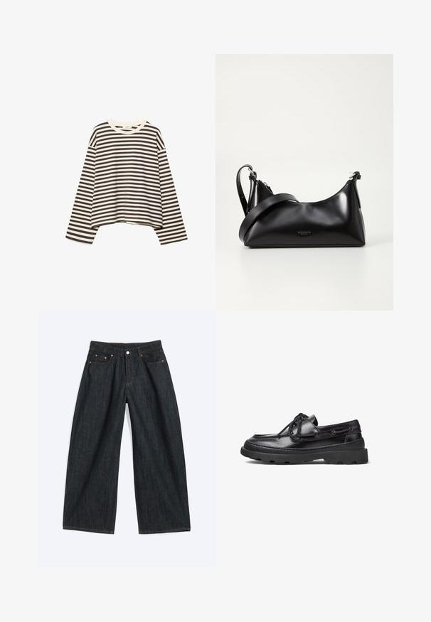 Langærmet cropped skjorte med sorte og hvide horisontale striber og rund halsudskæring, vist på en hvid baggrund.; Mørkeblå vidbenede denimjeans med forlommer og bæltestropper, lagt fladt på en lys baggrund.; Sorte læder bådsko med rund tå, snørebåndsdesign, syninger og en kraftig gummisål med et tekstureret grebmønster.; Sort læderhåndtaske med en glat tekstur. Har en justerbar stropp og et enkelt, minimalistisk design med lynlås.