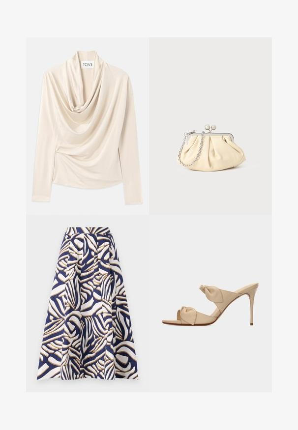 Top beige drapeado con mangas largas, diseño de cuello de cisne y textura suave y lisa. Asegurado en la cintura con sutiles detalles recogidos.; Una falda hasta la rodilla hecha de algodón con un fondo azul marino y llamativos patrones abstractos en blanco y dorado; el diseño plisado añade volumen.; Sandalia mule de tacón alto color beige con dos tiras nudo retorcidas y tacón stiletto delgado sobre fondo blanco.; Clutch de cuero beige plisado con un marco de metal plateado, que cuenta con dos broches decorativos redondos y una correa de cadena plateada.