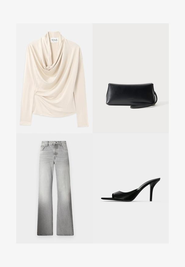 Beige top med lange ærmer, draperet design og blød, glat tekstur. Sikkerhed i taljen med diskret samling.; Grå denim brede ben jeans med høj talje, falmet tekstur, fem lommer og lynlås med knaplukning.; Sort læder åben tå højhælet mule med en slank stilet hæl, vist i sideprofil på en ensfarvet baggrund.; Sort glat læder clutch taske med tyndt håndledsrem, rektangulær form og diskret præget logo centreret foran.