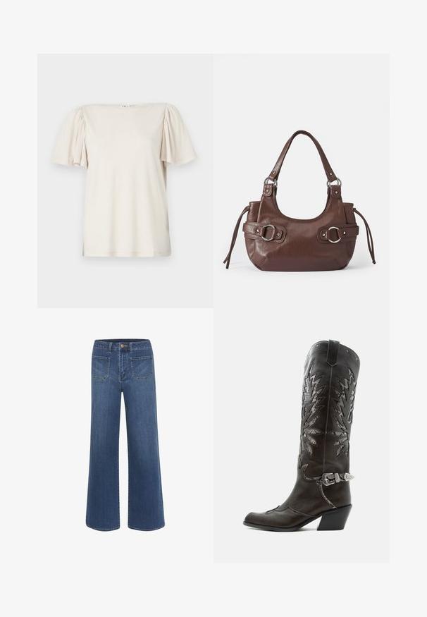 T-shirt court à manches courtes beige clair avec des épaules bouffantes froncées, un décolleté carré et une coupe décontractée en tissu doux et texturé.; Jean à jambes larges en denim bleu foncé avec une texture lisse, doté d'une fermeture à boutons, de cinq poches et de coutures contrastantes.; Botte de cowboy en cuir noir avec découpes décoratives, boucle argentée et talon incliné, présentée sur fond blanc.; Sac à main en cuir marron de forme arrondie, avec quincaillerie argentée, deux anses latérales et une texture lisse. Dispose d'une seule poignée supérieure.