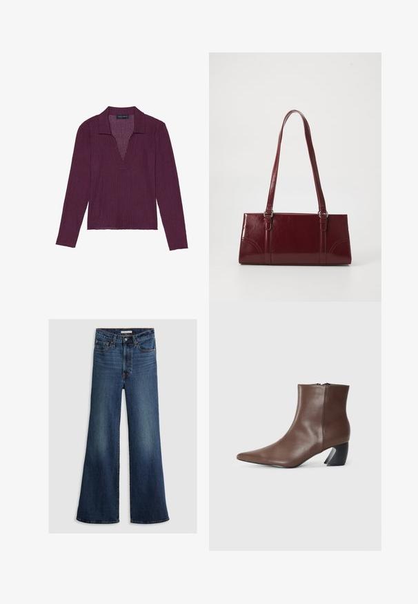 Langærmet top med dyb V-udskæring i mørkelilla med ribbet struktur og krave. Har en tætsiddende pasform og let stræk.; Bredde ben jeans i mørkeblå denim med høj talje, fem-lomme design og kontrasterende syninger langs sømmene og taljebåndet.; RAID DEBRA - Ankelstøvler - brown; Bordeaux håndtaske lavet af glansfuldt materiale, rektangulær form, med to skulderremme og subtile buede detaljer på forsiden.