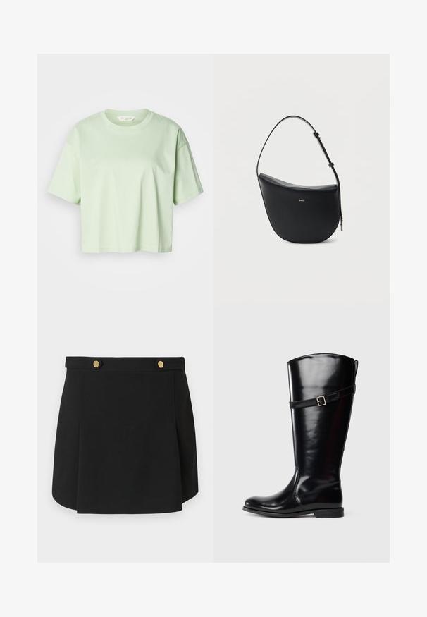 Lysegrøn kortærmet cropped T-shirt med rund hals, vist på hvid baggrund.; Sort mini nederdel med en tætsiddende talje og to guldknapdetaljer foran, med en let udvidelse ved kanten.; Høj sort læderstøvle med lav hæl og dekorativ rem med sølvspænde om den øvre læg.; Sort halv-måne skuldertaske i læder med justerbar rem og guld "BOSS"-logo centreret foran.