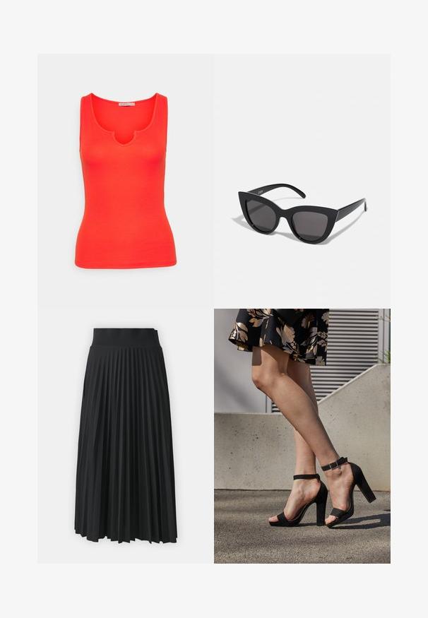 Anna Field Petite by Zalando Top - red; Falda negra con plisados y una cinturilla ancha, con pliegues verticales uniformes en toda su extensión. Textura suave con un diseño fluido.; Sandalias de tacón alto de ante negro con una correa en el tobillo y hebilla, diseño de punta abierta y tacón ancho. Textura suave y estilo minimalista.; Gafas de sol negras en forma de ojo de gato con un acabado mate, que presentan lentes ahumados grises, ángulos pronunciados y brazos laterales elegantes. Nombre de la marca visible en el interior del brazo.