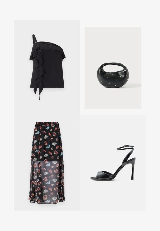 Zwarte top met één schouder, met een enkele band en geplooide details die vooraan en langs de halslijn naar beneden vallen.; Zwarte, doorschijnende maxi rok met een elastische tailleband, versierd met een kleurrijke schelp- en vlinderprint. Lichtgewicht, luchtige stof.; Zwarte sandaal met hoge hak, open teen, smalle naaldhak en enkelbandje met gesp op een witte achtergrond.; Zwarte leren handtas met een afgeronde vorm, versierd met zilveren studs, en een korte handgreep. Gladde textuur en ritsluiting.