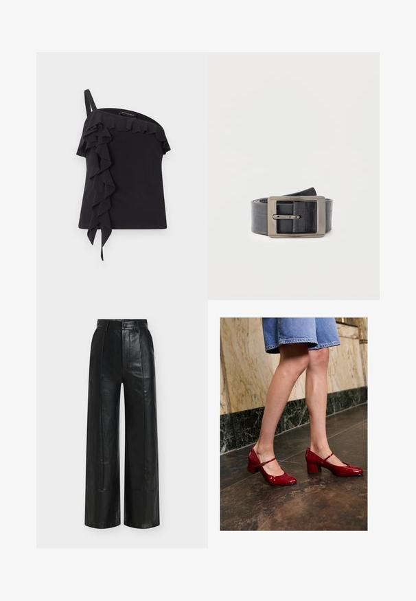 Schwarzes One-Shoulder-Top mit einem Träger und gerafften Details, die vorne und am Ausschnitt verlaufen.; Schwarze, weit geschnittene Hosen aus glattem Leder mit hoher Taille, dezenten Falten und einem klassischen Knopf- und Reißverschluss.; Person in glänzenden roten Mary Jane Blockabsätzen und einem blauen Jeansrock, der auf einem dunklen Fliesenboden neben einer Marmorwand steht.; Schwarzer Ledergürtel mit rechteckiger silberner Metallschnalle, die eine strukturierte Oberfläche und ein glattes Riemendesign aufweist.