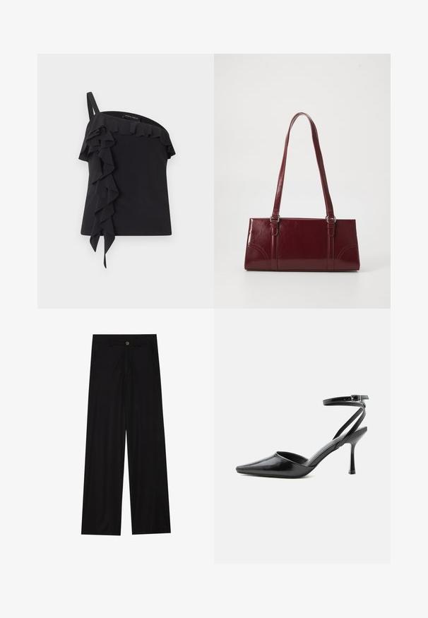 Zwarte top met één schouder, met een enkele band en geplooide details die vooraan en langs de halslijn naar beneden vallen.; Zwarte wijde broek van een gladde stof, met zijzakken en een knoopsluiting bij de taille. Minimalistisch ontwerp zonder patronen.; Zwarte pumps met puntige neus, dunne enkelbandjes en een zilveren gesp op een effen lichte achtergrond.; Bourgondische handtas van glanzend materiaal, rechthoekige vorm, met twee schouderbanden en subtiele gebogen accenten aan de voorkant.
