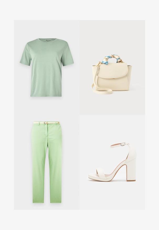 Camiseta de manga corta en verde menta hecha de una tela suave. Presenta un escote redondo y un corte relajado con dobladillo recto.; Pantalones de algodón verde claro con un corte recto, que cuentan con un cinturón tejido beige, un bolsillo delantero y sin patrones visibles ni embellishments.; Sandalias de tacón alto blancas con correa en el tobillo, diseño minimalista, punta abierta, tacón cuadrado y textura de cuero suave.; Bolso de mano color crema con cierre de solapa, correa de hombro desmontable y tela floral azul y crema retorcida envolviendo el asa superior.