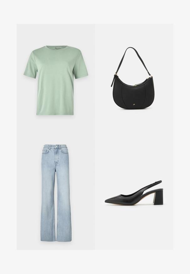 Mintgrøn kortærmet t-shirt lavet af blødt stof. Har en rund halsudskæring og en afslappet pasform med lige skæring i kanten.; Lyseblå denim flared jeans med høj talje, der har frontlommer og subtile syninger langs benene.; Sorte læder slingback-pumper med spids tå, udskæringsdesign og chunky blokhæle. Glat tekstur med en minimalistisk æstetik.; Sort læderhåndtaske med en buet form, struktureret overflade, forreste syninger og et logo i guldfarve. Har en enkelt justerbar rem.