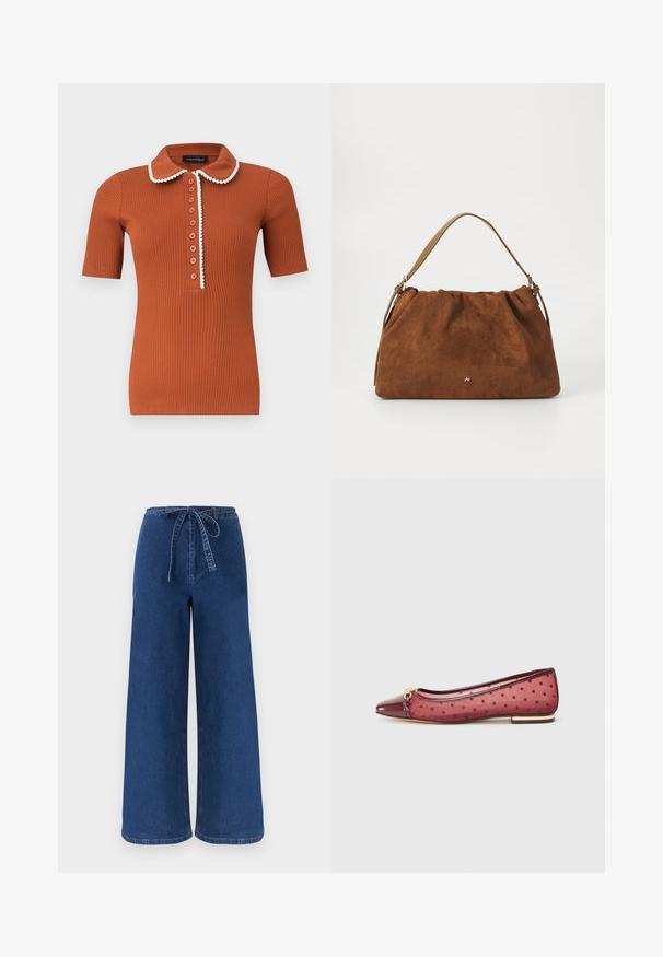 Polo à manches courtes côtelé de couleur rouille avec un col arrondi et sept boutons, orné d'un liseré blanc le long du col et de la patte de boutonnage.; Pantalon en denim bleu à jambes larges avec une taille haute et une ceinture en tissu nouée en nœud à l'avant.; Ballerine avec un bout et des bordures bordeaux brillants, présentant un dessus en mesh transparent à pois, un talon plat et des détails en métal doré.; Sac à main en daim marron avec un design plissé, arborant une seule sangle en cuir beige et un discret logo doré à l'avant.