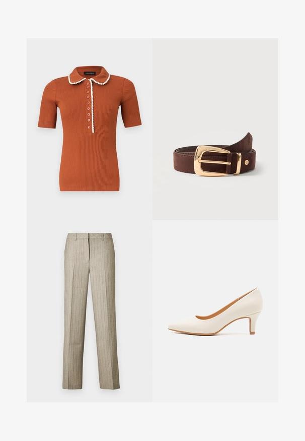 Kortærmet polo i rustfarvet ribbet stof med rundet krave og syv knapper, med hvid kant langs kraven og knapstolpen.; Beige bukser med nålestriber og et lige ben-design, der har en struktureret linning og en subtil tekstur i hele stoffet.; Hvid læder højhælet sko med spids tå og en slank, let skrå hæl. Glat tekstur med et minimalistisk design og tan sål.; Brunt læderbælte rullet sammen med en skinnende gylden rektangulær spænde og lille rund metal logo nær spidsen.