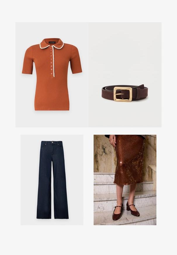 Roestkleurig geribbeld poloshirt met korte mouwen, een afgeronde kraag en zeven knopen, met witte bies langs de kraag en het knopenpad.; Donkerblauwe denim jeans met wijde pijpen, een knoop aan de voorkant, riemlussen en vijf zakken op een effen achtergrond.; Vrouw in een bruine pailletten midi-rok en donkere bruine crococodillen-huid Mary Jane hakken, staand op marmeren trappen.; Donkerbruine leren riem met een brede gouden vierkante gesp, plat op een witte ondergrond gewikkeld.