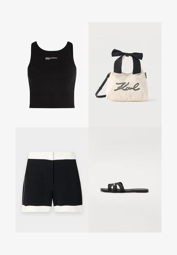 Sort ribbet tanktop med en rund halsudskæring og Karl Lagerfeld Jeans-logo i hvid broderi på forsiden. Blødt stof, tætsiddende pasform.; Sorte shorts med hvid linning og kant, med en diskret lynlåsdetaile i siden, vist mod en ensfarvet baggrund.; Sort slidesandal med flad sål og to brede, krydsende stropper. Lavet af glat materiale, med et minimalistisk design og uden synlige mønstre.; Beige stofhåndtaske med sort perlebesat "Karl" tekst, sort stofsløjfehåndtag og aftagelig sort skulderrem.