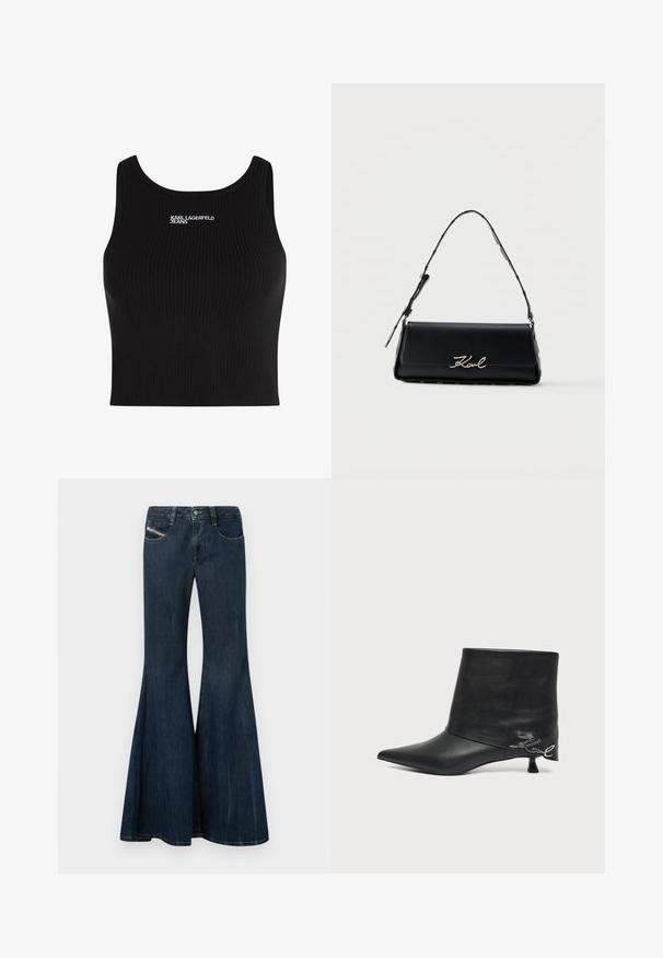 Débardeur noir à côtes avec un décolleté en forme de scoop et le logo Karl Lagerfeld Jeans brodé en blanc sur le devant. Tissu doux, forme ajustée.; Jean évasé en denim bleu foncé avec une taille haute, cinq poches et une fermeture à bouton. Présente un léger effet délavé et des détails de couture subtils.; Bottine en cuir noir avec bout pointu, petit talon kitten et détail écrit argenté près du talon.; Sac à épaule en cuir noir avec logo "Karl" argenté sur le rabat et bandoulière réglable avec clous argentés sur les côtés.