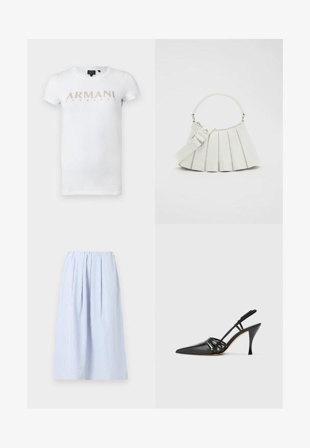 Camiseta blanca de manga corta con cuello redondo y logo dorado de "Armani Exchange" impreso en el pecho.; Falda midi de rayas verticales en azul claro y blanco con cintura fruncida y suaves pliegues, presentada sobre un fondo liso.; Zapato de tacón alto de charol negro con punta afilada, diseño de tiras entrecruzadas y tacón de aguja delgado. Textura suave y acentos mínimos.; Lacoste LENGLEN BAG - Bolso de mano - cristalline