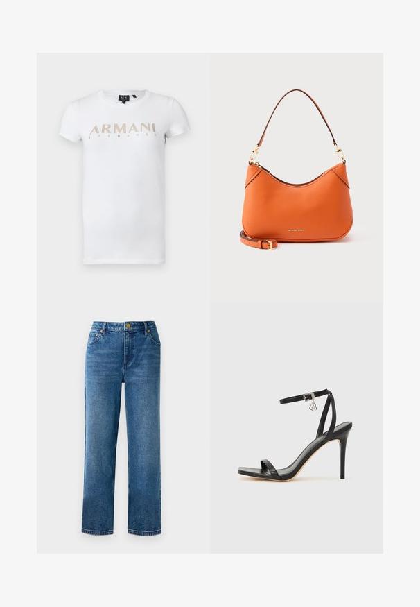 Weißes T-Shirt mit kurzen Ärmeln und rundem Halsausschnitt mit goldenem „Armani Exchange“-Logo auf der Brust.; Blaue hochgeschnittene Jeans mit geradem Bein, aus Denim, mit fünf Taschen und goldfarbenen Hardware-Details.; Schwarze High-Heel-Sandale mit schmalem Knöchelriemen, quadratischer Zehenbox, glattem Leder und metallischem Schnallenakzent.; Orangene Lederhandtasche von Michael Kors mit kurzem Schulterriemen und zusätzlichem, abnehmbarem dünnem Riemen, goldfarbenen Beschlägen und Reißverschluss.