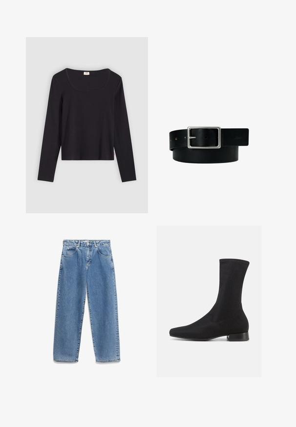 Zwart top met lange mouwen en een vierkante halslijn, gemaakt van een gladde stof. Heeft een getailleerd ontwerp en een cropped lengte. Eenvoudige, minimalistische stijl.; Blauwe denim jeans met een rechte pijp, vijf zakken, zichtbare stiksels en een knoopsluiting. Materiaal heeft een licht vervaagde textuur.; Zwarte enkellaars met een glad, rekbaar stoffen bovenwerk en een lage gestapelde hak. Heeft een puntige neus en een naadloos ontwerp.; Zwarte leren riem met zilveren rechthoekige gesp en meerdere verstelgaten, plat gelegd op een witte achtergrond.