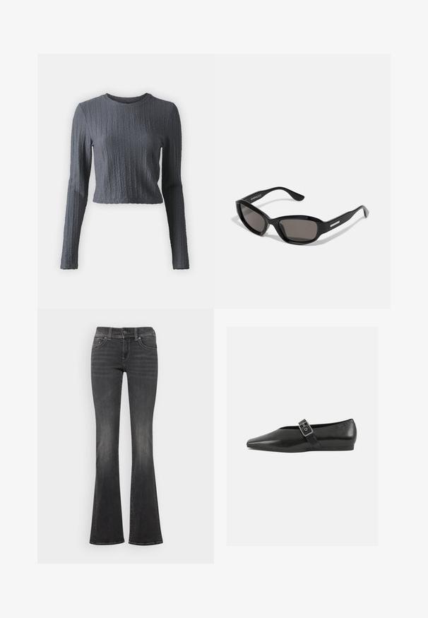 Hall Grey, ribaga pika varrukaga cropped top ümmarguse kaeluse, tekstuuriga kanga ja slim-fit siluetiga. Kavandatud tihedaks, igapäevaseks sobivuseks.; Tumed hallid teksad, millel on kerge pleekinud viimistlus, keskmise kõrgusega vöökoht, nööbikinnitusega ja kerge fläär allääres.; Must mustril leedjalats, millel on terav varvas, metallist pandla rihm üle jala ja madal, paindlik tall.; Mustad prillid, millel on ristkülikukujuline raam, tumedad objektiivid, sile plastikmaterjal ja metallist aksent tempel.