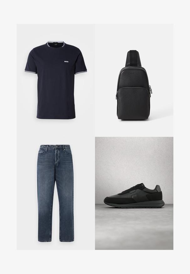 Marineblauwe katoenen t-shirt met een ronde hals, voorzien van witte gestreepte accenten op de kraag en mouwen, en een klein wit logo op de borst.; Jack & Jones Loose-fit JJIEDDIE JJORIGINAL SQ 227 - Baggy jeans - blue denim; Zwarte sportschoenen gemaakt van leer en mesh. Voorzien van een gevoerde kraag, gestructureerde accenten en een flexibele rubberen zool.; BOSS NEW CROSSTOWN - Schoudertas - black