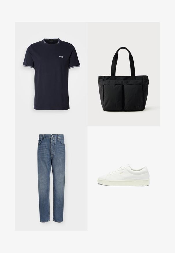 Navyblaues Baumwoll-T-Shirt mit Rundhalsausschnitt, das weiße gestreifte Akzente am Kragen und an den Ärmeln sowie ein kleines weißes Logo auf der Brust aufweist.; Gerade geschnittene blaue Jeans aus Denim mit hoher Taille, Frontknopfverschluss und Fünf-Taschen-Design auf einem schlichten hellen Hintergrund.; Weißer Leder-Sneaker mit niedrigem Schaft, cremfarbener Sohle, Schnürung vorne und kleinem goldfarbenem "HUGO"-Logo an der Seite.; Schwarze Tragetasche aus weichem Stoff, mit zwei vorderen Taschen und stabilen Tragegriffen. Logo an der Seite angebracht. Einfaches, funktionales Design.