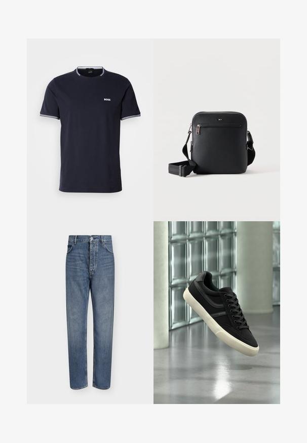 Navyblaues Baumwoll-T-Shirt mit Rundhalsausschnitt, das weiße gestreifte Akzente am Kragen und an den Ärmeln sowie ein kleines weißes Logo auf der Brust aufweist.; Gerade geschnittene blaue Jeans aus Denim mit hoher Taille, Frontknopfverschluss und Fünf-Taschen-Design auf einem schlichten hellen Hintergrund.; Schwarzer Low-Top-Sneaker mit weißer Sohle und Schnürsenkeln, Marke "BOSS", schwebend im Innenraum nahe Glasbausteinfenstern und Betonpfeilern.; Schwarze Leder-Umhängetasche mit vorderer Reißverschlusstasche und verstellbarem Riemen auf weißem einfarbigem Hintergrund.