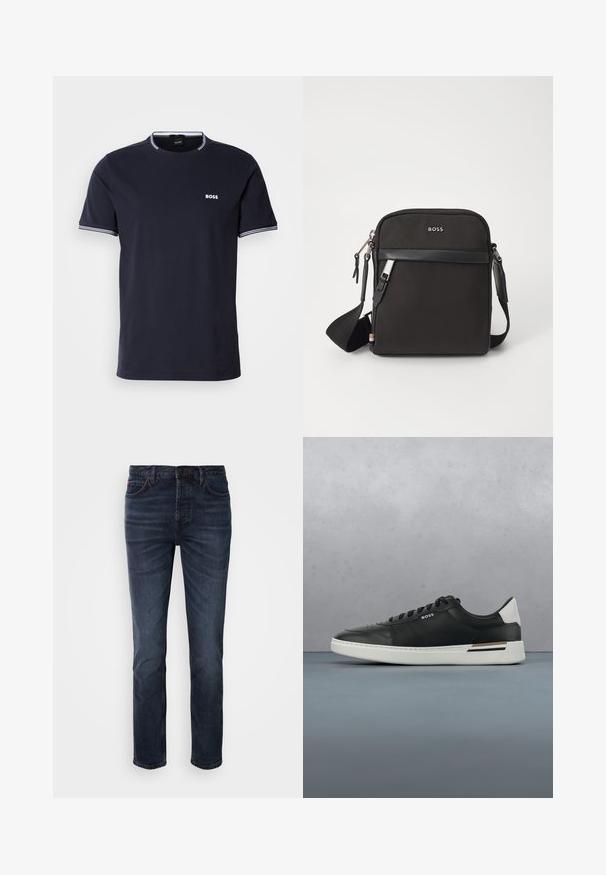 Navyblaues Baumwoll-T-Shirt mit Rundhalsausschnitt, das weiße gestreifte Akzente am Kragen und an den Ärmeln sowie ein kleines weißes Logo auf der Brust aufweist.; Dunkelblaue Denim-Jeans mit geradem Bein, fünf Taschen, einem Knopf- und Reißverschluss sowie dezenten Nähakzenten.; Schwarze Ledersneaker mit weißer Sohle, ausgestattet mit Perforationen, Schnürdesign, Logo an der Seite und kontrastierenden Fersendetails in Weiß und Braun.; Schwarze Umhängetasche aus strukturiertem Stoff, mit Logo auf der Vorderseite, Reißverschluss und verstellbarem Tragegurt. Verfügt über eine glatte Lederbesatz.